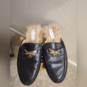 INC International Concepts Black Slippers with Fur Lining and Bee Accent